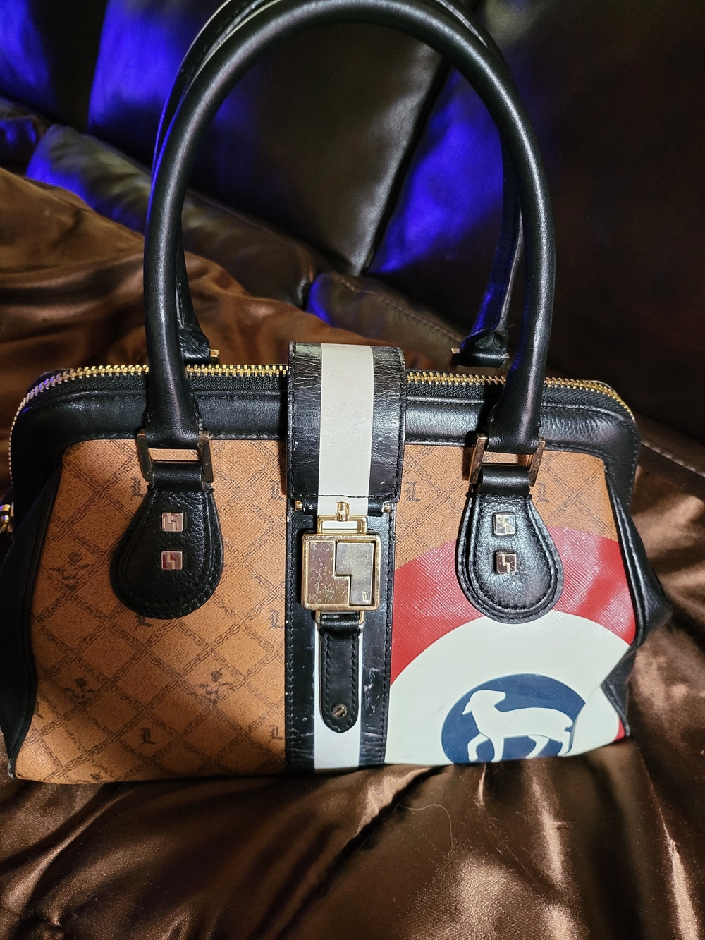 L.A.M.B. Brown Bullseye Satchel with Black Trim and Red-White Graphic